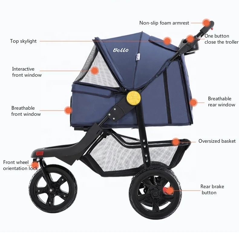 
Pet Supplies Foldable Three-wheel Pet Stroller For Large Dogs and Cats Outdoor Carrier 