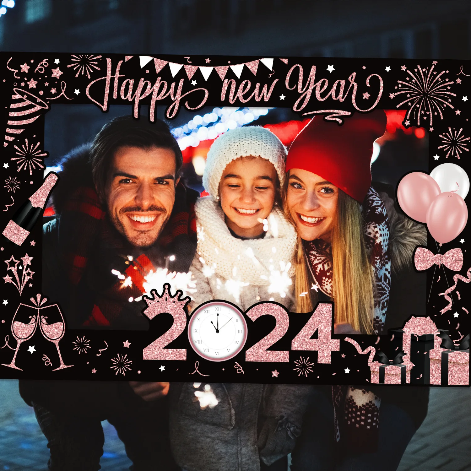 2024 Happy New Year Theme Black Gold Paper Photo Booth Props Party Decoration Set