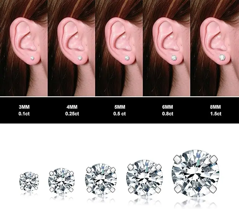 5 Pairs Stud Earrings Set, Hypoallergenic Cubic Zirconia 316L Earrings Stainless Steel CZ Earrings 3-8mm