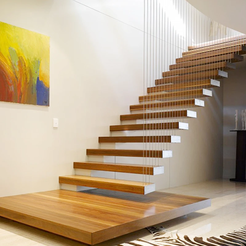 CBMmart American Standard Wood Treads Indoor Stair with Led Lights Glass Railings Floating Stairs