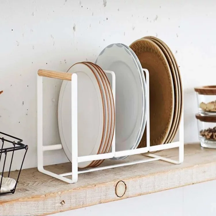 Amazon Ins Hot Kitchen Accessories Metal Wooden Material Cupboard Organizer Three-Compartment Dish Bowl Rack