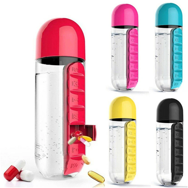 7 Daily Pill Box Water Bottle Cup Case Capsule Organizer Plastic Pill Bottle Screen Printing Red Pink Yellow Easy Open End YH