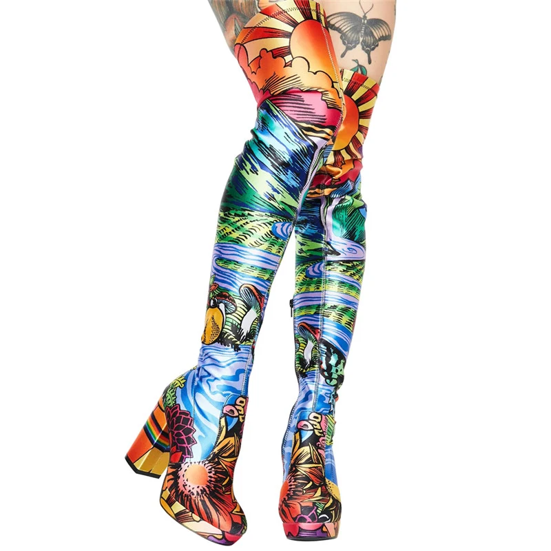 
Anime Stretch Boots Ladies Thign High Boots High Heels Platform Square Toe Elastic Women Shoes Novelty Party Girls Big Plus Size 