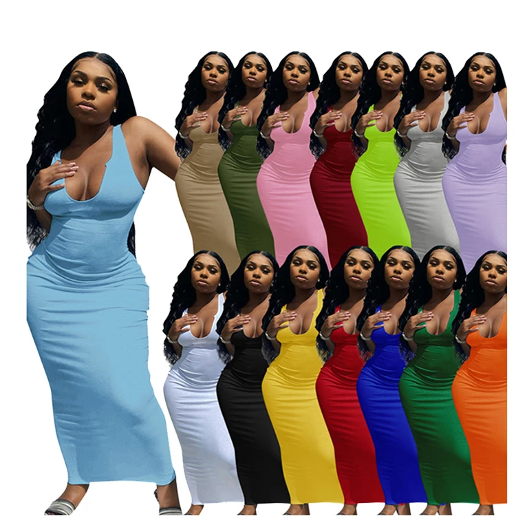 
Dropshipping Summer 2021 Trendy New Arrivals Women Daily Wear Casual Sexy U-neck Sleeveless One Piece Long Bodycon Maxi Dress 