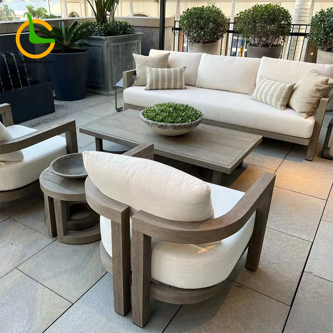 High End Teak Wood Patio Hotel Furniture Backyard Outdoor Teak Garden Sofa Set With Cushions Modern Teak Wood Furniture