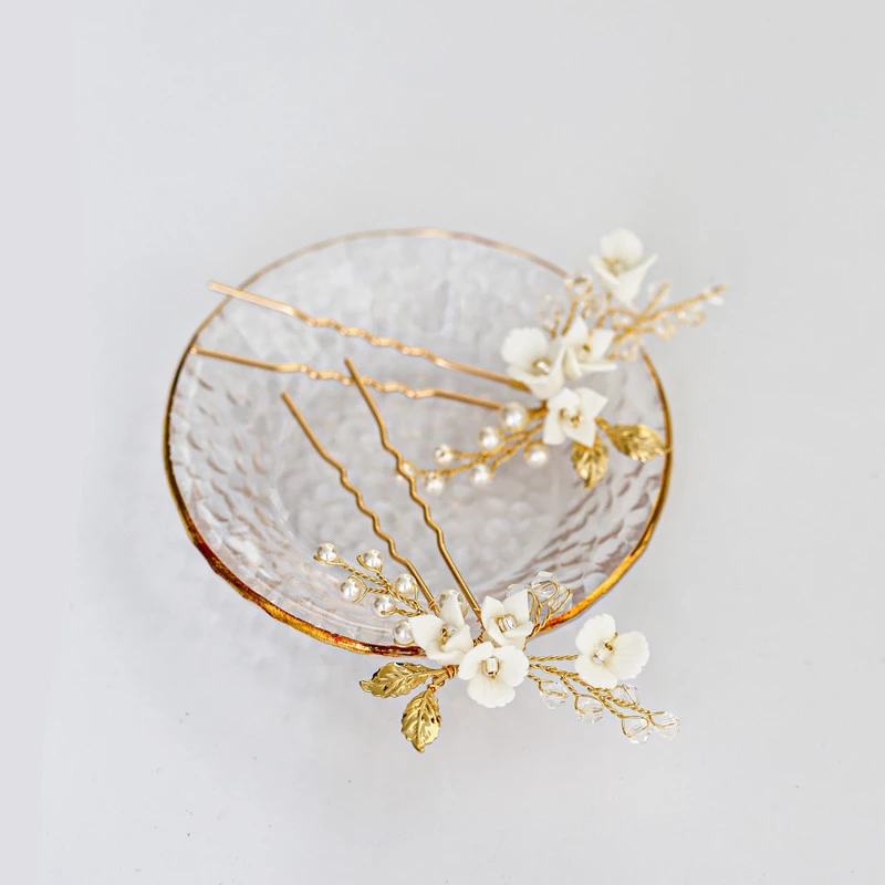 Sandro Bridal Wedding Vintage Hair Pin White Flower Gold Leaves Fancy Hairpin