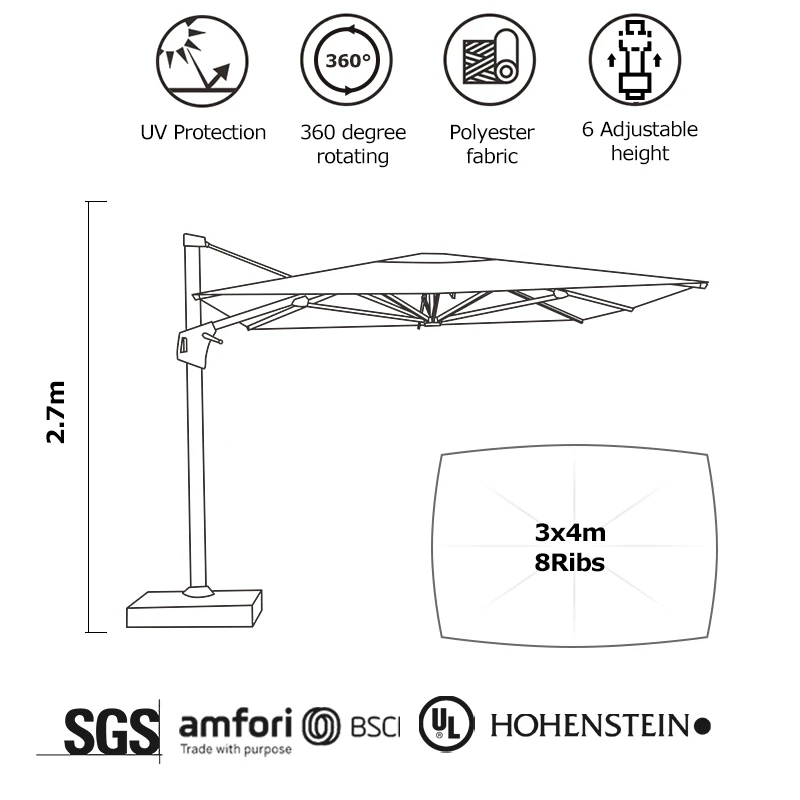 Heavy Duty Aluminum Solar Powered Deluxe Patio Cantilever Umbrella Large Roman Parasol Patio Umbrella Outdoor Umbrella