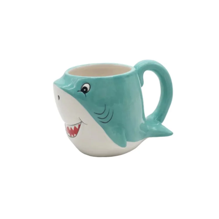 Custom 3D Sculpted Cartoon Shark Face Shaped Animal Coffee Mug Ceramics with Shark Handle