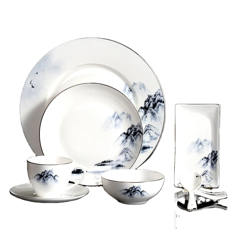 Chinese Brush Painting  Hotel Tableware Set for Restaurant Supplies Ceramic Bone China Dishes