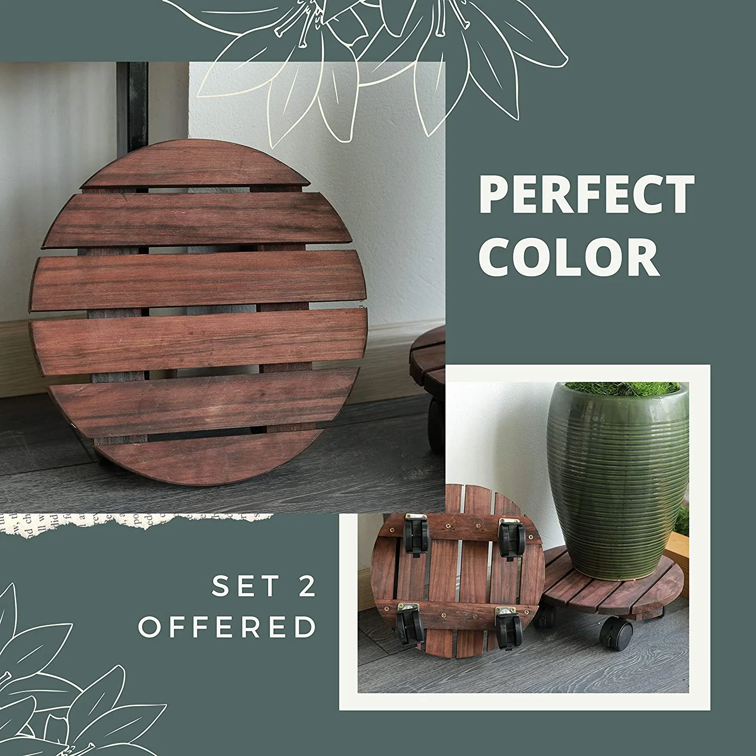 Custom Indoor Outdoor Flower Pot Caddy Rustic Round Wooden Plant Stand with Wheels
