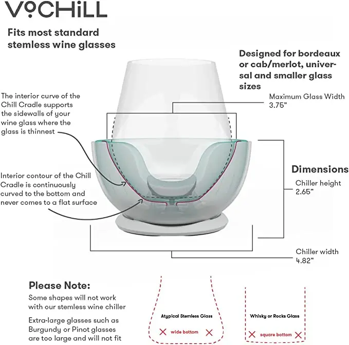 VoChill Stemless Wine Glass Chiller Keep the Chill In Your Glass New Wine Accessory eparable & Refreezable Chill Cradle