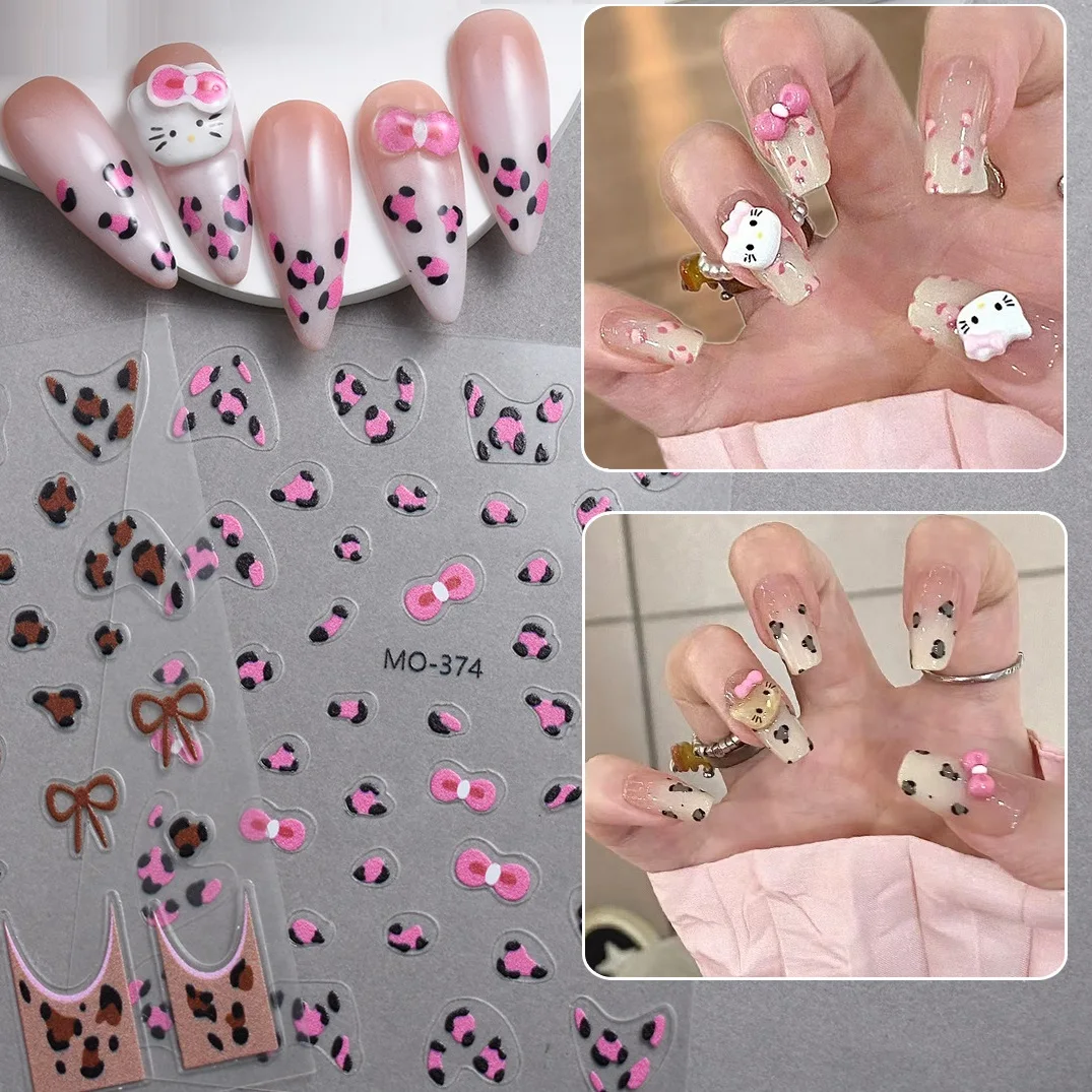 New French Gradient Leopard Kt Relief Sweet Cool Style Summer Black Skin Kitty Cat Bow 2D 3D Nail Sticker