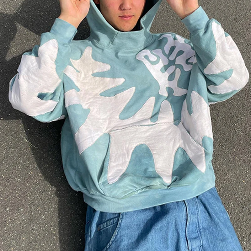 OEM Custom thick french terry cotton pullover casual men crop cut and sew nija turtleneck designer patches oversized hoodie