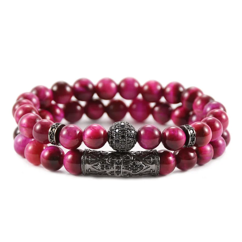 European Handmade Luxury 2Pcs/Set Elastic 10mm Micro Pave CZ Ball Natural Purple Tiger Eye Stone Beaded Bracelet Set