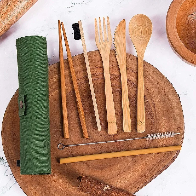 
Wholesale 7 Piece Flatware Reusable Organic Travel Portable Bamboo Cutlery Set 