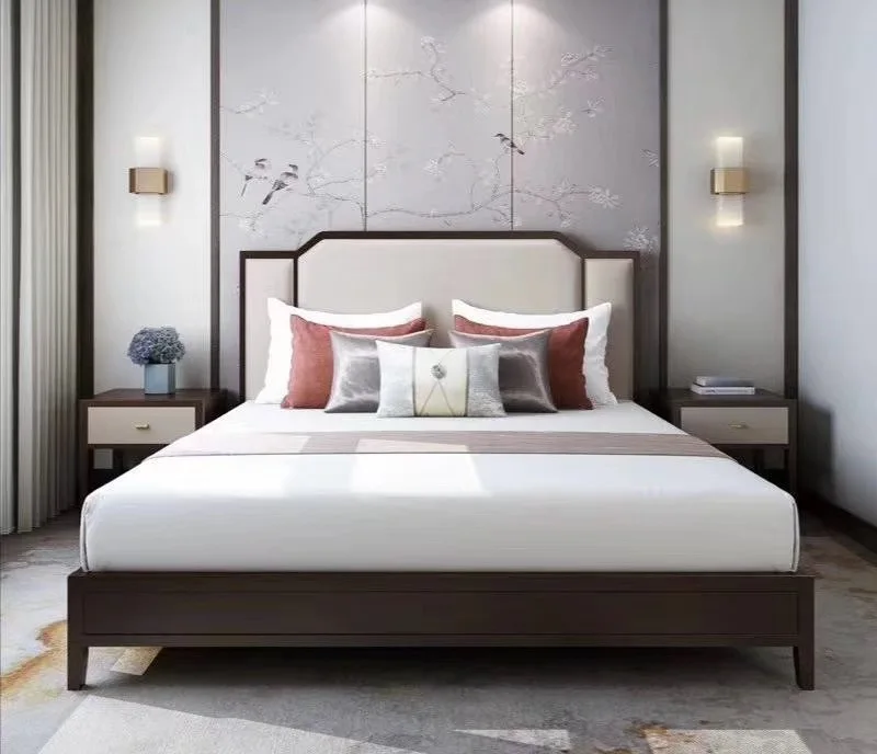 hongye good quality hotel furniture back royal king size buttoned european interior design wooden leather double  bed