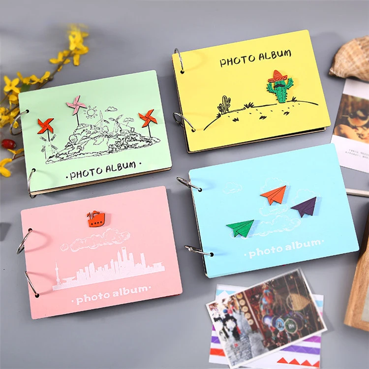 21.8*16cm 30 Sheets 350gsm Black Paperboard Wood Scrapbook Wooden Cover Photo Albums Book Online Photo to Album Maker