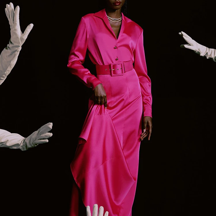 Custom Fashion Luxury  Hot Pink Lined Satin Floor Length Belted Fit and Flare Seamed Maxi Wholesale Elegant Lady Skirt