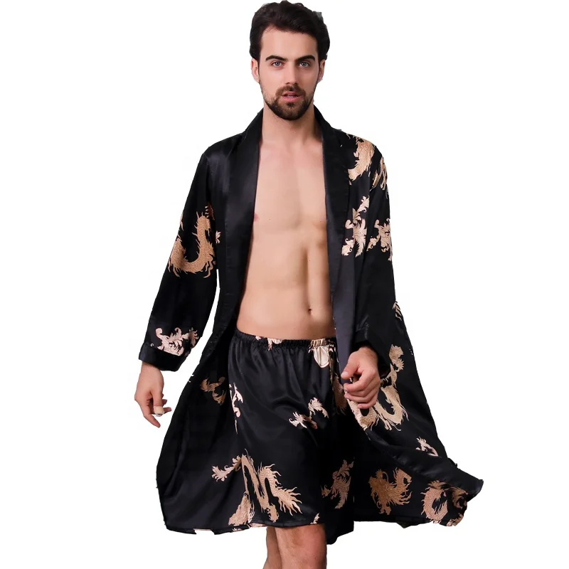 Two piece silk robe set Luxurious satin bathrobe long sleeve Chinese dragon design pajamas for men