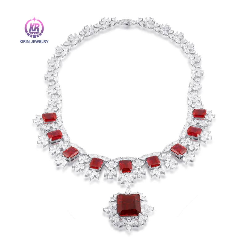Kirin Jewelry S925 Silver Sunflower Geometric Red Garnet Natural 8.5ct Fully zircon-set Necklace for Women