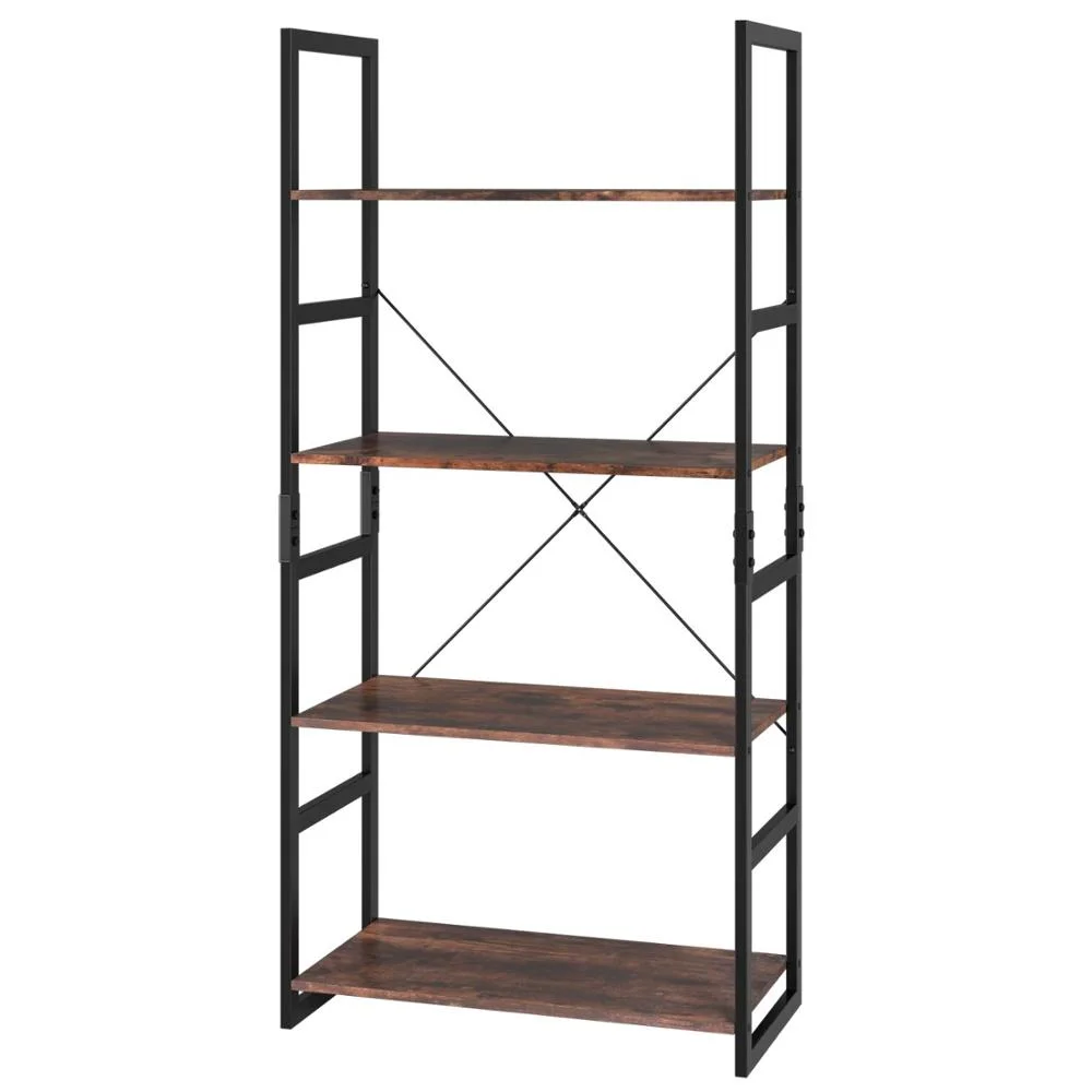Modern Cheap Furniture Bookcase Metal Rattan 4 Tier Wooden Bookshelf