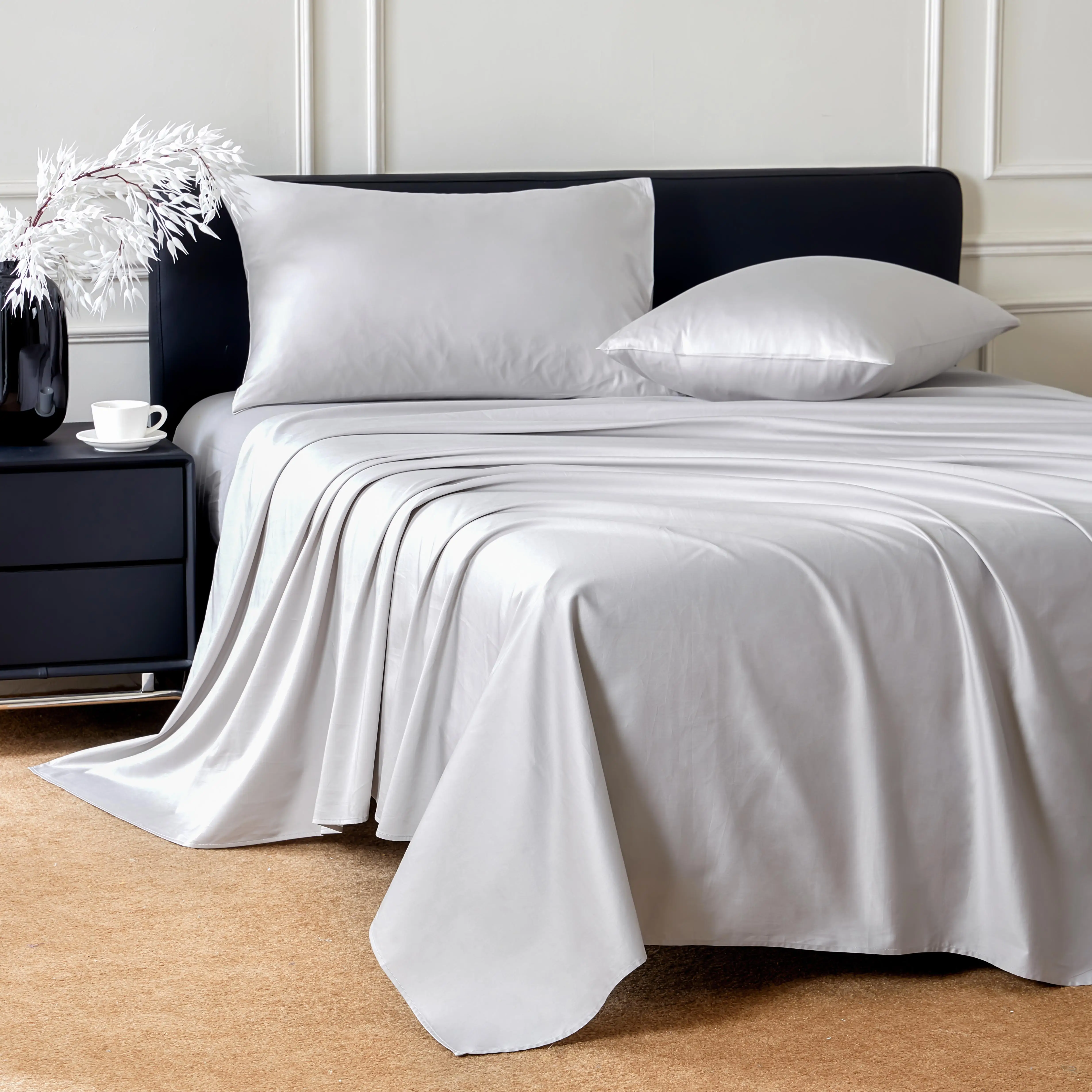 Deluxe Queen-Size 100% Cotton 800 TC Customizable 4Pc Set-Duvet Cover Including Linen Knitted Fabric for Family Hotel Use