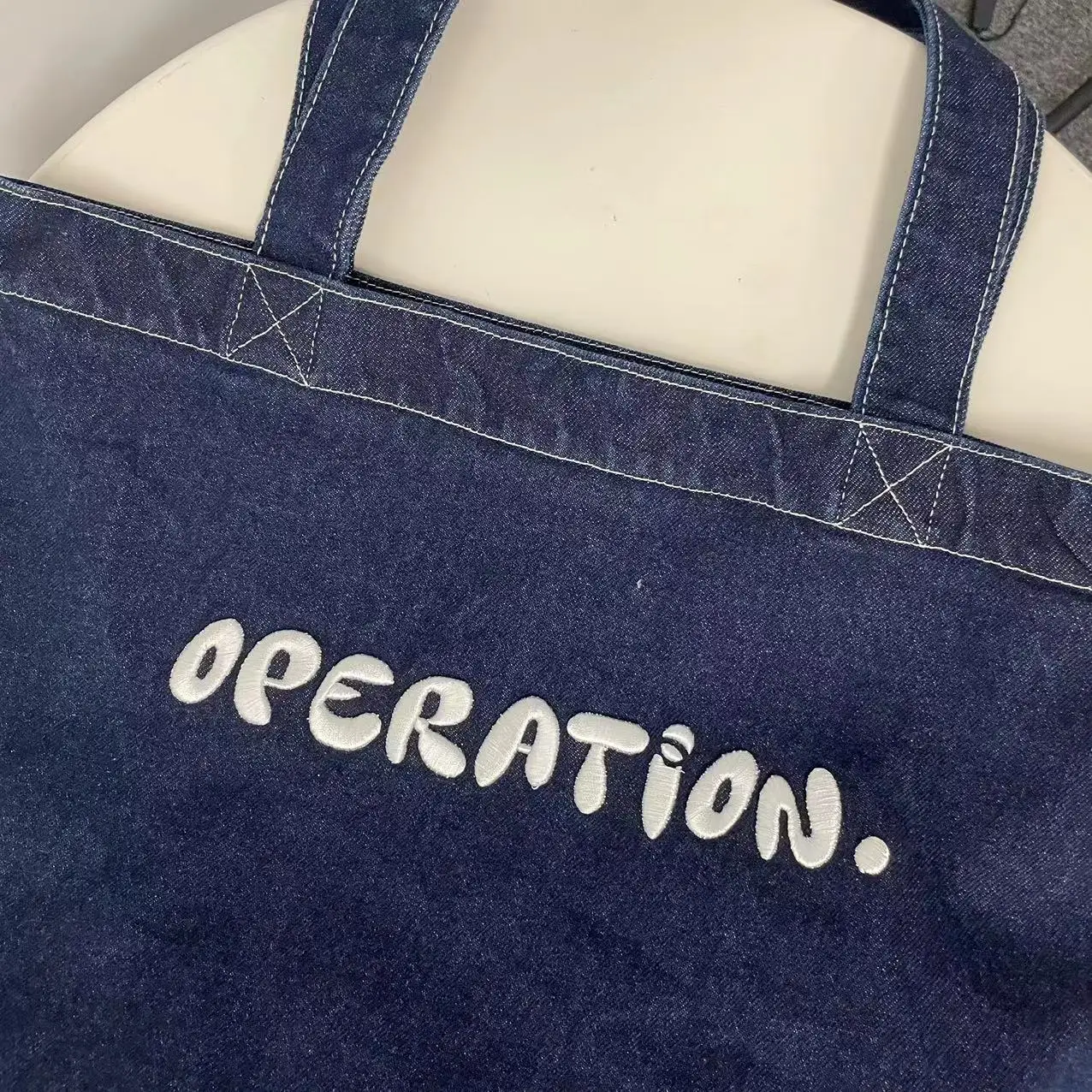 Custom Logo Embroidery Vintage Denim Canvas Bag Oversized Large Capacity Tote Bag Denim Grocery Bag with zipper inside pocket