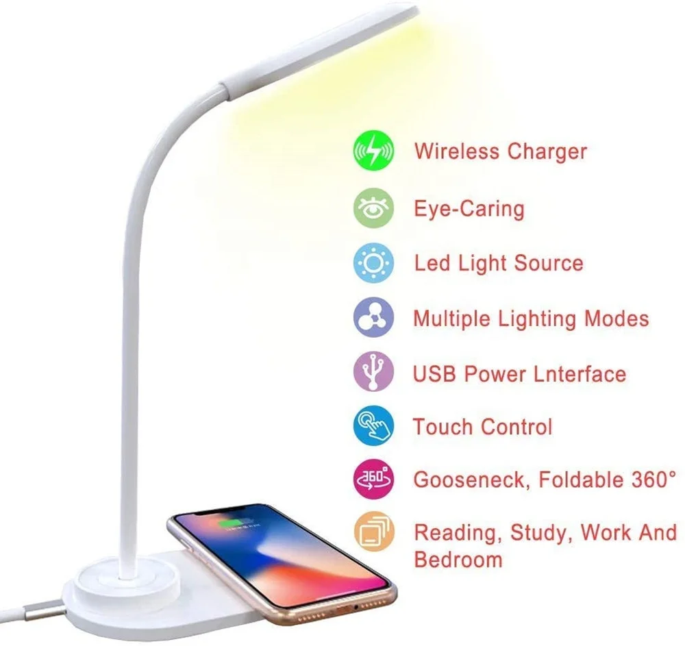 Portable Cell Phone Fast Wireless Chargers Dock Station Desk Lamp With Pen Holder Eye-Caring Touch Switch Reading LED Lamp