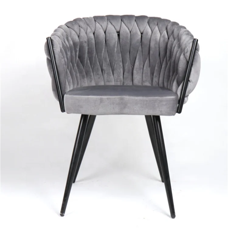 Factory Wholesale Morden luxury Gray Home soft cushioned backrest fabric armchair Velvet Dining room chair with metal legs