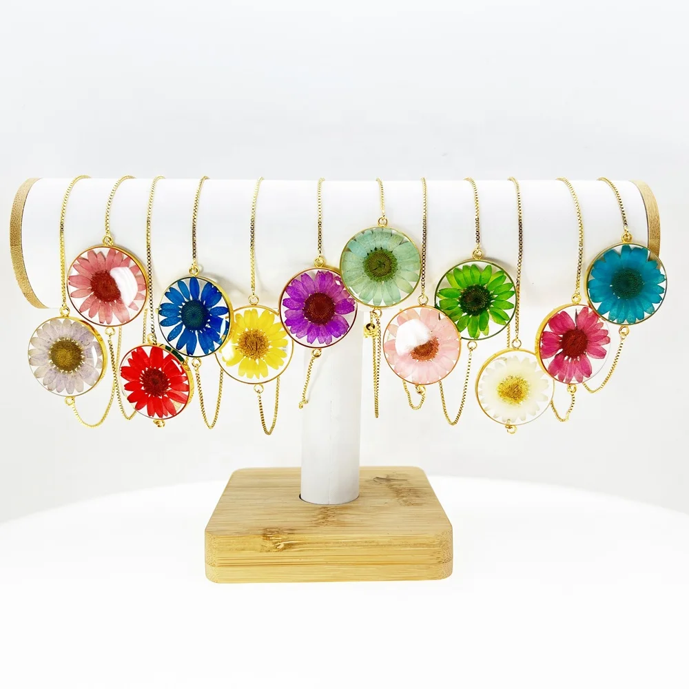 2023 hot selling women jewelry colorful real dried pressed flowers daisy 18k gold stainless steel adjustable bracelet