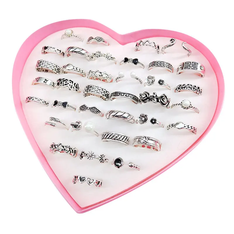 Vintage Wedding Rings Black Fashion Jewelry Women Plated Silver Heart Bow Chain Custom Pearl Rings Set For Women Girls