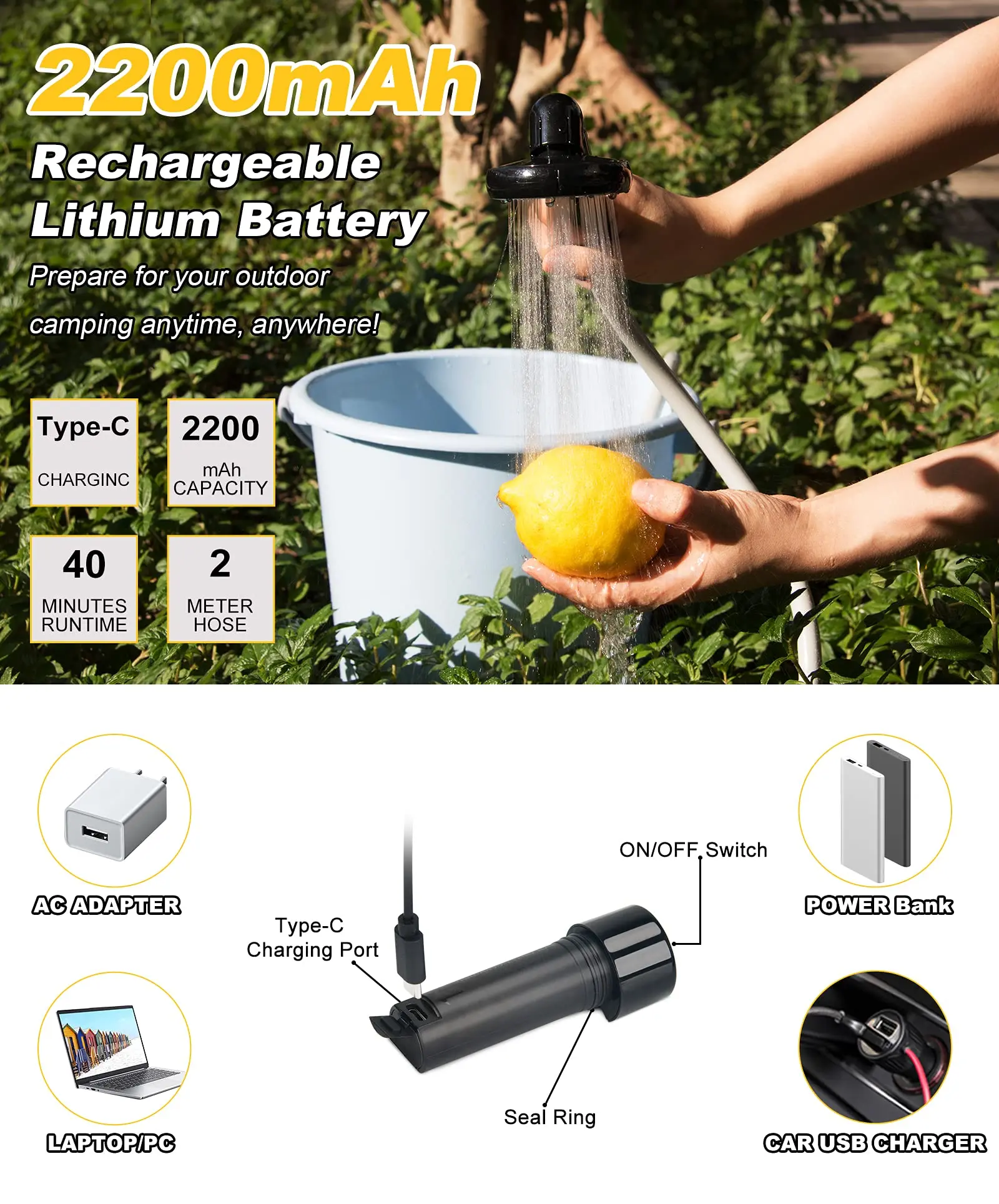 Portable Electric Rechargeable Outdoor Showerhead Camp Shower Pump Convenient Design Hiking Beach Pet Cleaning-Traveling