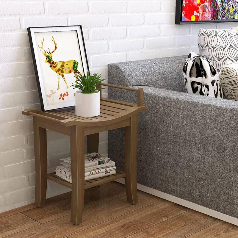 Bamboo Shower Bench with Storage Shelf, 2-Tier Spa Seat Bath Stool for Bathroom