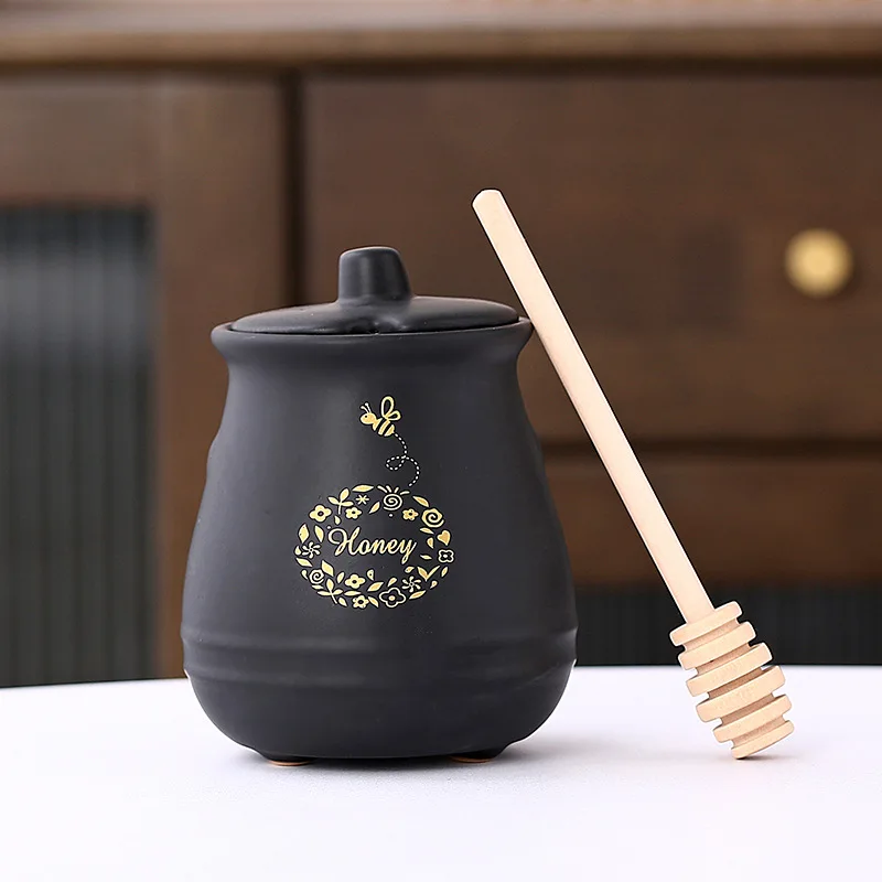 360ml Ceramic Honey Jar with Wooden Dipper & Large Bee Decoration Farmhouse Kitchen Accessory for Food Use