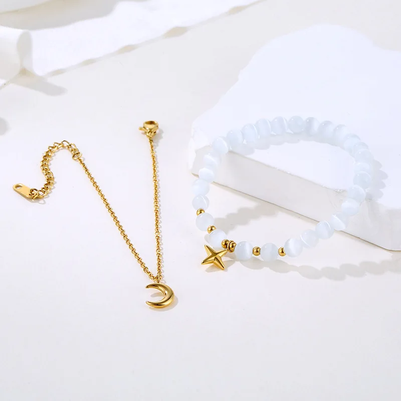 Star Moon Element Jewelry for Women Double Chain Design Light Luxury 18K Gold Plated Stainless Steel with Opal Elastic Bracelet