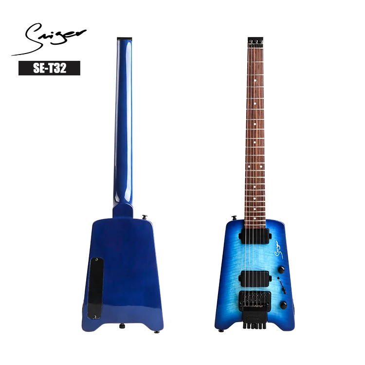 Factory Wholesale Manufacture Blue Maple Neck  Headless High Gloss Playable Electric Guitar