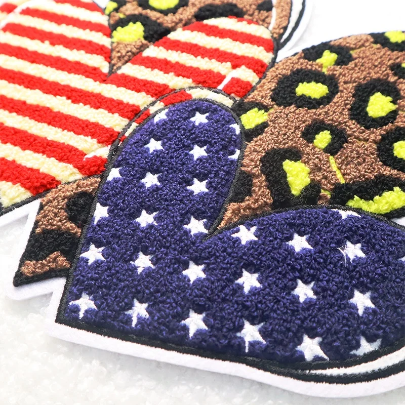 Wholesale Embroidery Three Hearts With Star Stripe Leopard Logo Patch Iron On July 4th Independent Day Us Love Chenille Patches