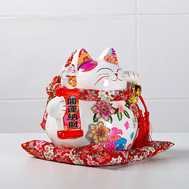 9 Inch Japanese Maneki Neko Lucky Cat Ceramic Statues with Cushion and Bells,Ceramic Fortune Cat Piggy Bank Money Bank for Kids