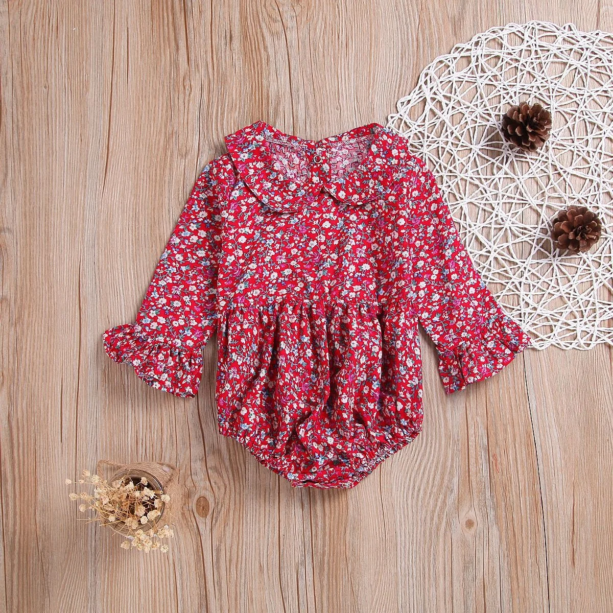 toddler romper crimson floral full sleeves bodysuits cute baby girl clothes with pan collar ruffle 6 month infant baby romper