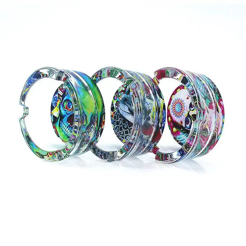 2024 Wholesale Glass Round Ashtray Household Office Cartoon Pattern Glass Ashtray Customized Logo Cigar Ashtrays