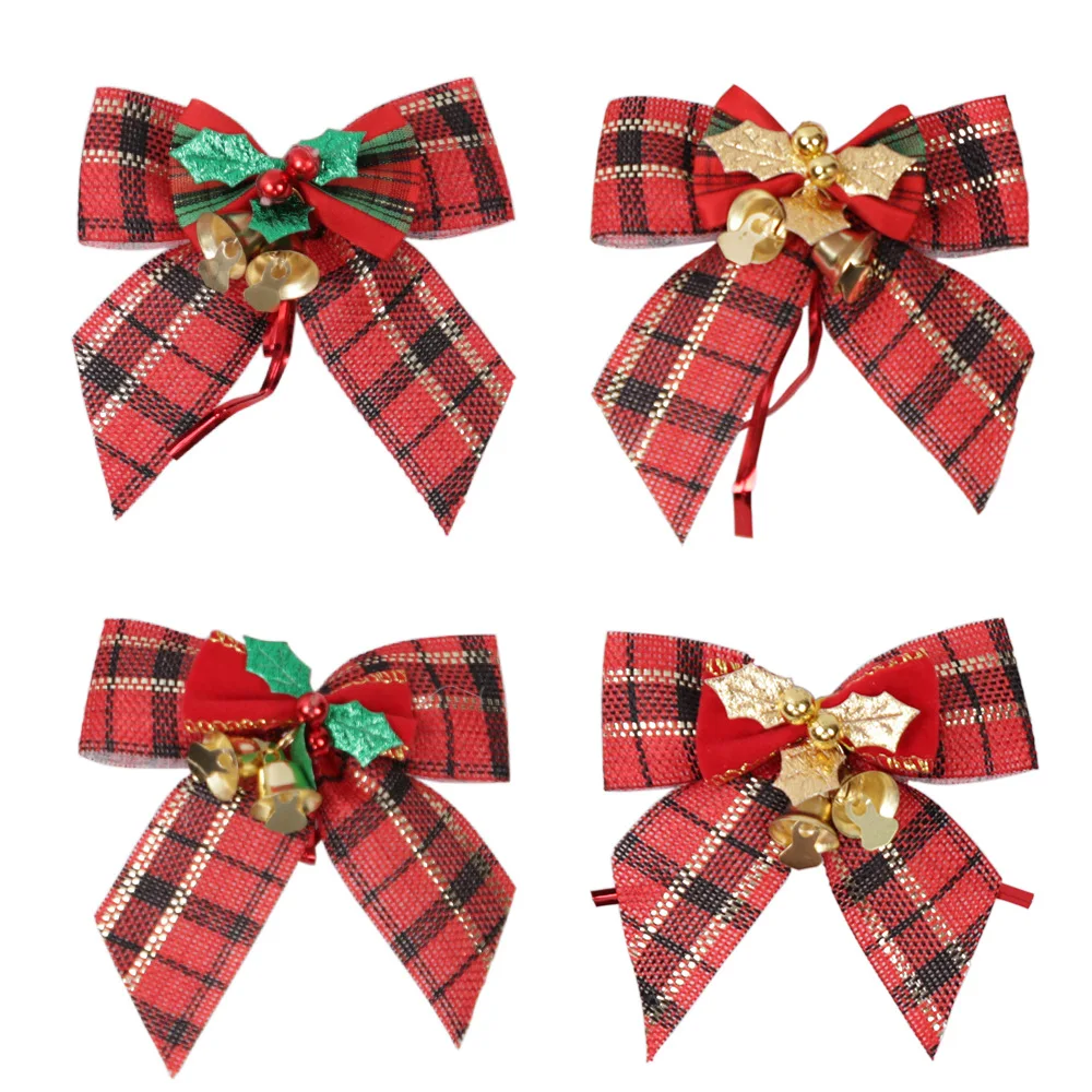 Bowknots Christmas Bows With Iron Bells Christmas Tree Decorations Party Tie DIY Gift Bow Mini Craft