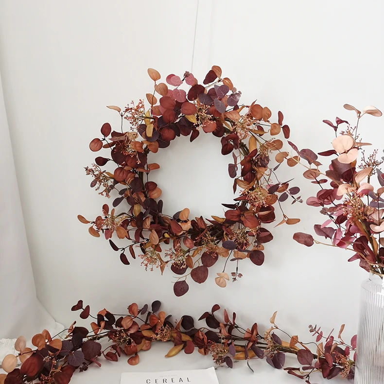 Fall wreath wholesale artificial Autumn flowers making eucalyptus leaves wreath with berries faux wild flowers