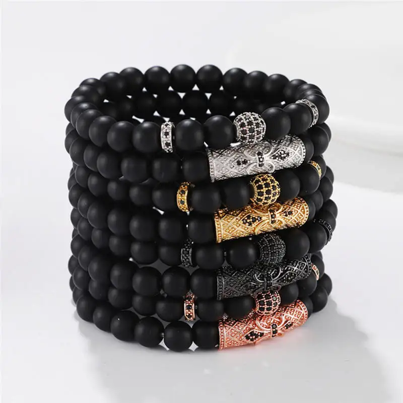 Classic 2pc/set Stretch Black Natural Stone Beaded Bracelet Mens Pave Zircon Cz Ball Skull Lion Charms Bracelets Jewelry Set