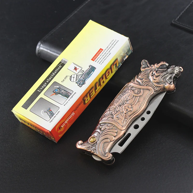 DEBANG 2 in 1 Windproof Cool Metal Tiger & Dragon Lighters  Refillable Butane Cigar Lighters for Smoking with knife