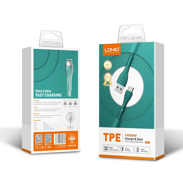 LDNIO LS671 High Quality 3A 1M TPE Silicone Type-C USB Data Cables Fast Charging Micro Samsung Android Devices Copper Cable Wire