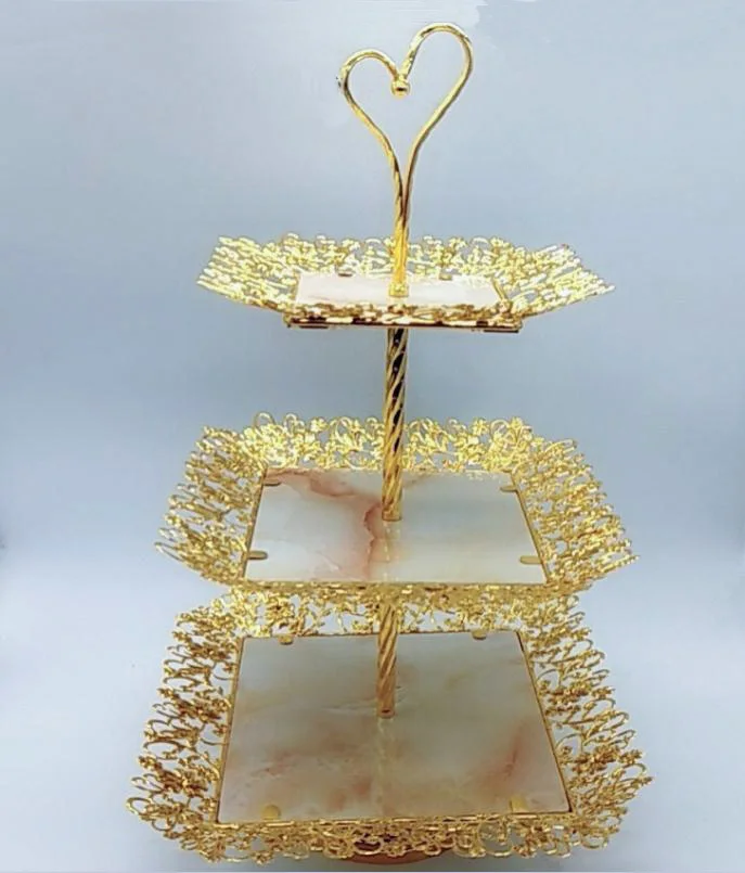Best selling 3-Tier marble plate decorated with gold metal for  Mini cake fruit candy Display shelf