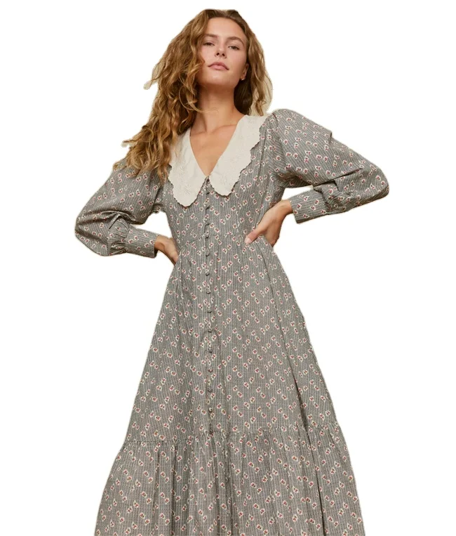 2023 Autumn Elegant Women Balloon Sleeve Floral Print Buttons Front Cotton Midi Dresses with Embroidered Collar