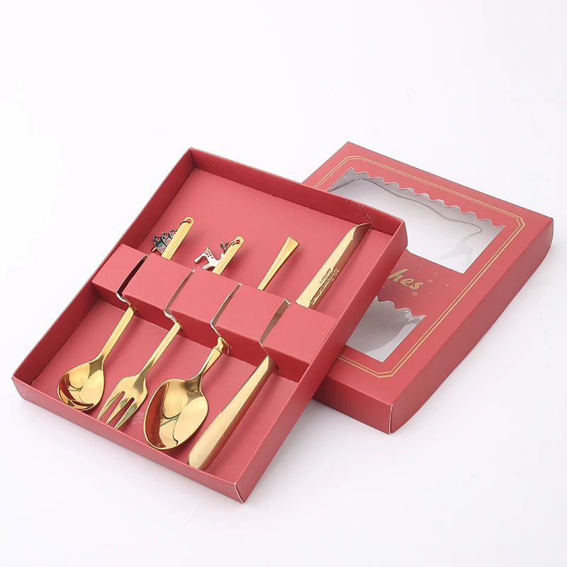 Christmas gift for children Golden stainless steel cut steak cooked meat knife and fork and spoon perfect tableware set