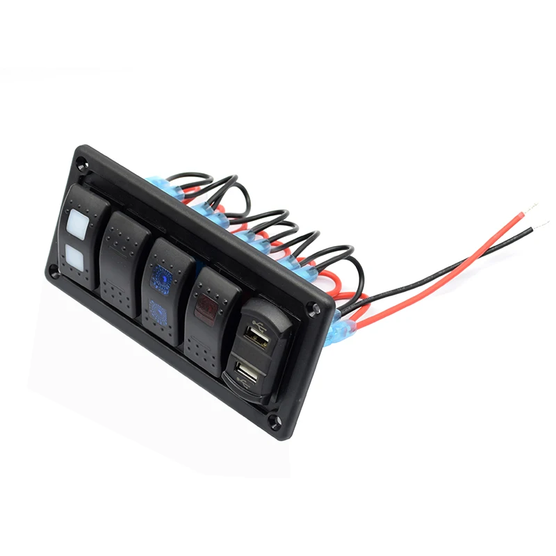 Dc 12V 24V Waterproof  5 Pin  Push Button 5 Gang On Off  Car Marine Boat Rocker Switch and 4.2 A USB Charger  Panel Kit