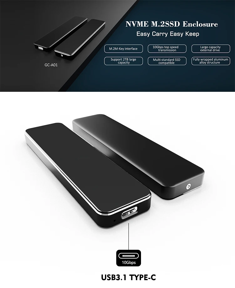 M.2 NVMe ssd Enclosure, USB C 3.1 Gen2 PCIe SSD Caddy 10Gbps Transfer Rate  Type C m.2 ssd enclosure